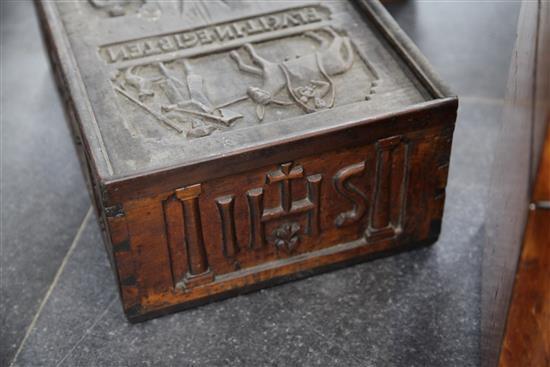 A 16th century style German carved fruitwood bible box, 15.5 x 10.5 x 6in.